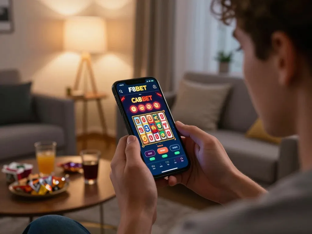 Engaging with F8BET app on smartphone in a cozy living room while enjoying online gaming.