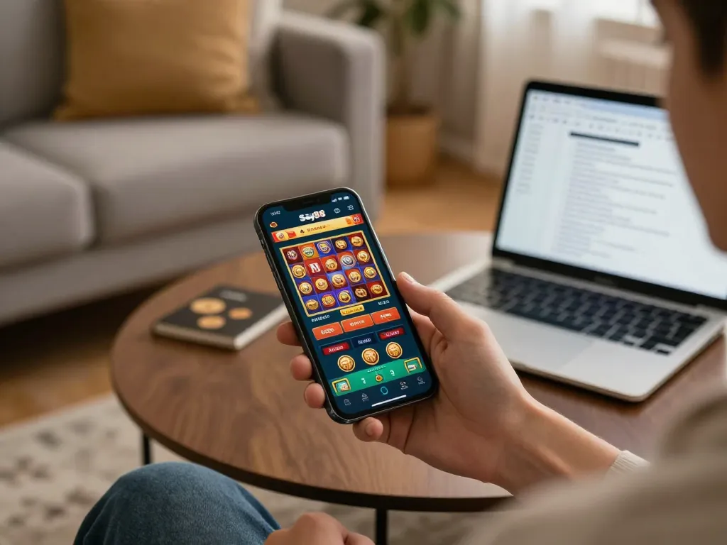 Engaging mobile gaming experience with Say88 app displayed on smartphone, emphasizing responsible play in a cozy environment.