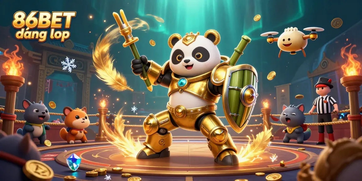 86BET đăng nhập immersive gaming scene with mech-suit panda and action-packed casino elements.